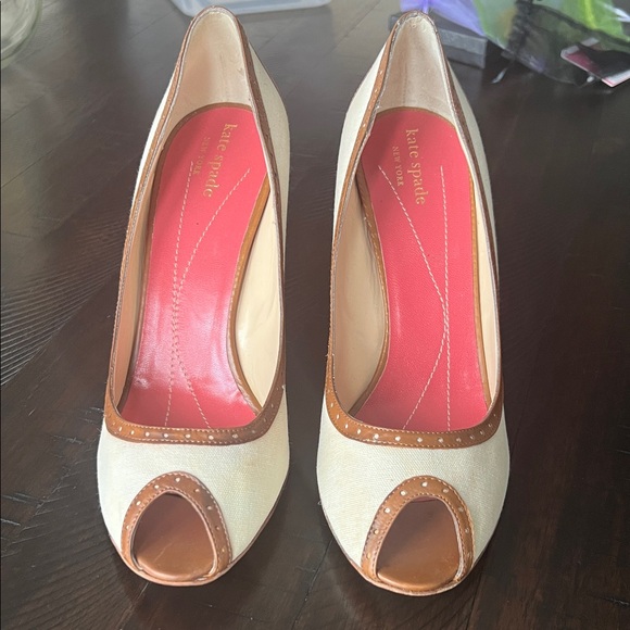 kate spade Shoes - Kate Spade Cream and Brown Peep Toe Heels
